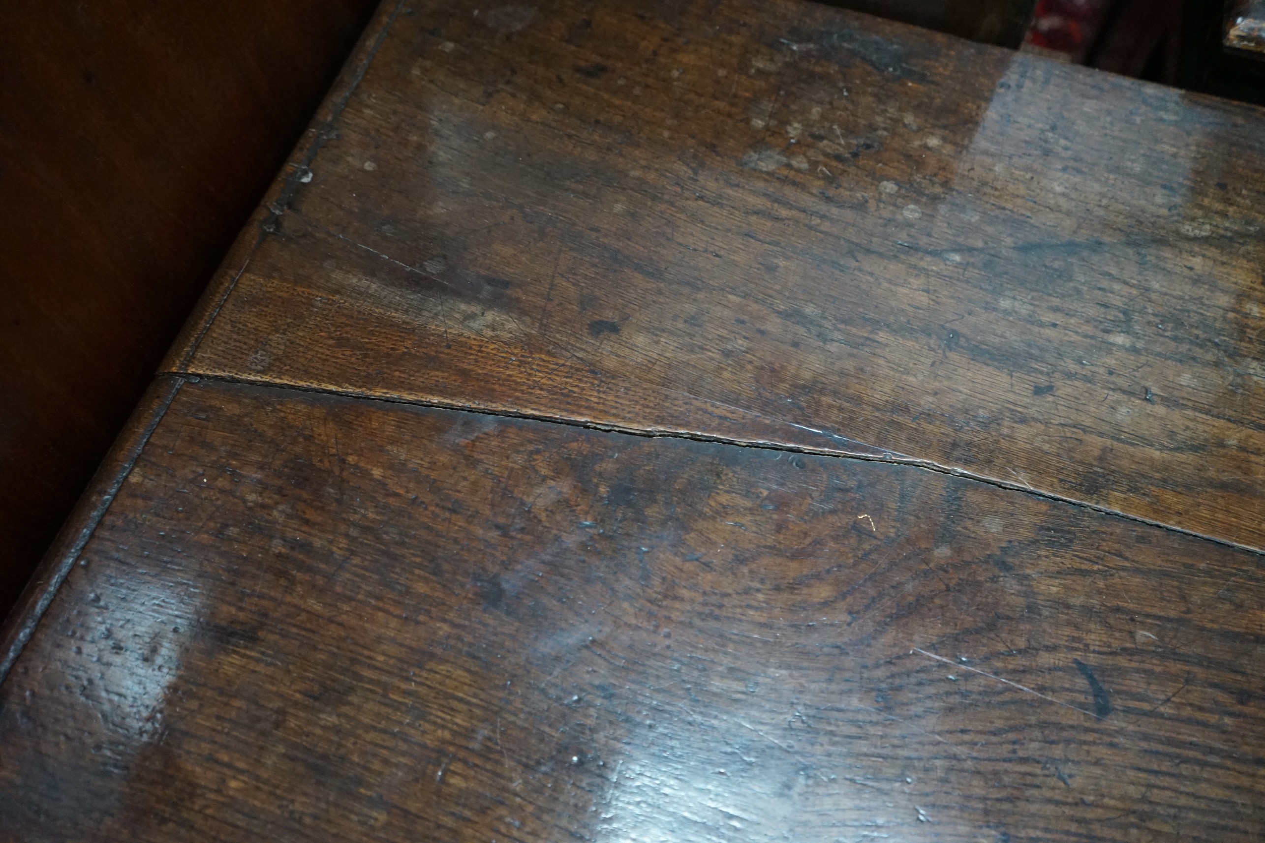 A late 17th / early 18th century carved oak coffer, length 127cm, depth 52cm, height 73cm